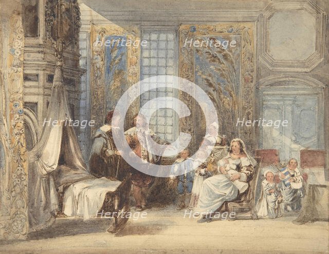 Scene with Family and Guest in Seventeenth-century Interior, 1825-78. Creator: Attributed to Joseph Nash.