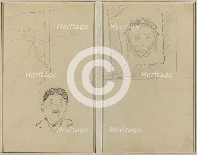 Landscape and Head of Man; Head of Monkey Inside a Square [recto], 1884-1888. Creator: Paul Gauguin.