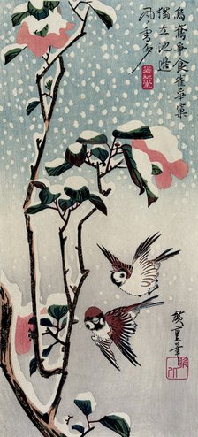 Sparrows and Camellias in the Snow, 1830s.  Creator: Hiroshige, Utagawa (1797-1858).