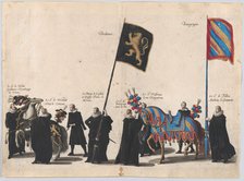 Plate 45: Men with heraldic flags and horses from the House of Brabant and Burgundy marchi..., 1623. Creator: Cornelis Galle I.