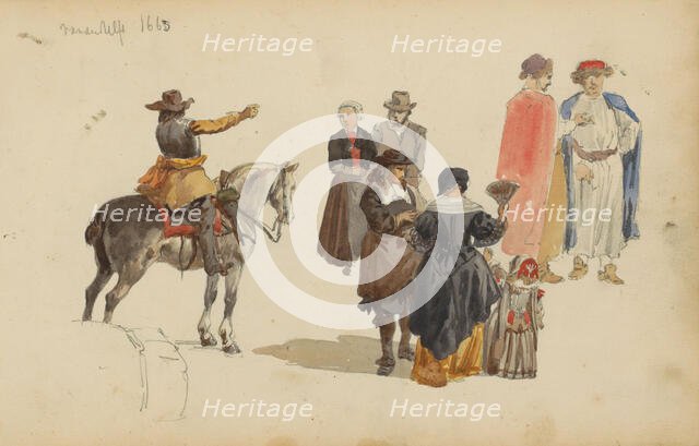 Figures in seventeenth-century clothing, c. 1846-c. 1882. Creator: Cornelis Springer.