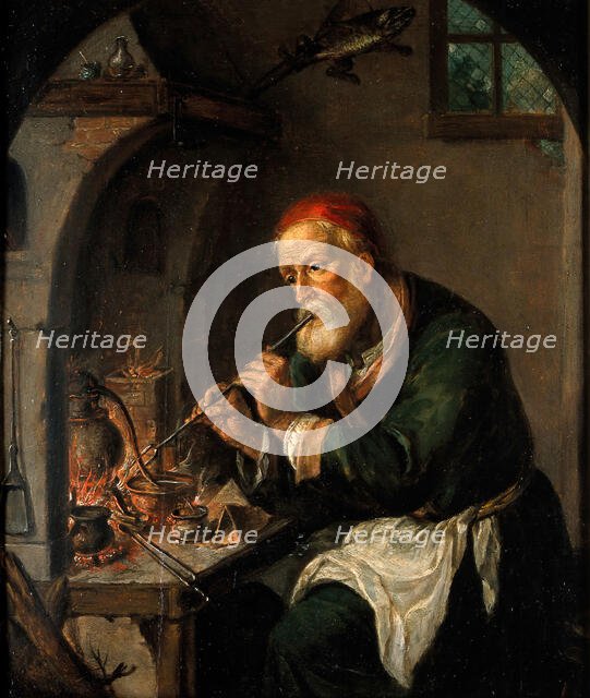 An alchemist blowing on a fire to heat a still, c1750s. Creator: Christian Wilhelm Ernst Dietrich.