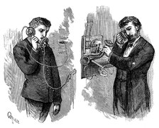 New York telephone subscriber making call through operator at telephone exchange, 1883. Artist: Unknown