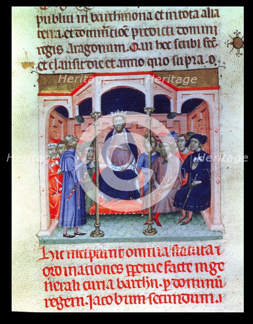 James II The Fair (1267-1327), King of Aragon and Catalonia presiding the Courts of Barcelona. Mi…