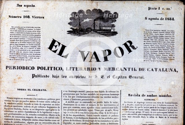Head of the newspaper 'El Vapor, político, literario y mercantil de Cataluña' (The Steam, politic…