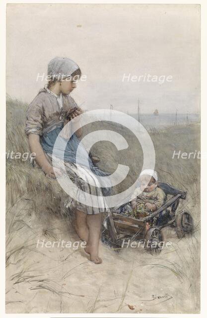 Fisher-girl with child in cart in the dunes, 1880. Creator: Bernardus Johannes Blommers.
