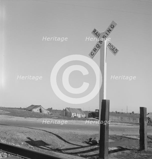 Migrants' tents...along the right of way of the Southern Pacific, near Fresno, CA, 1939. Creator: Dorothea Lange.