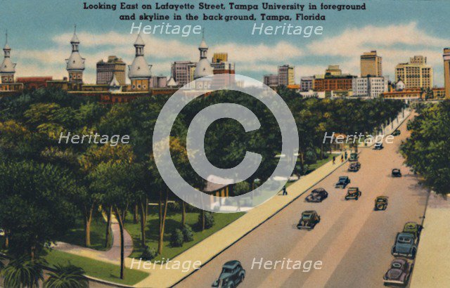 'Looking East on Lafayette Street, Tampa University and skyline, Tampa, Florida', c1940s. Artist: Unknown.