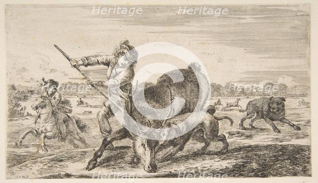 Stag at bay, from 'Animal hunts' (Chasses à différents animaux), ca. 1654. Creator: Stefano della Bella.