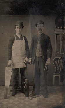 Two Carpenters with a Handsaw, Wood Plane, Hammer, Compass, and Square, 1880s. Creator: Unknown.
