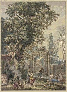 Ancient portal, a statue of Pan with altar on the left, preparations for sacrifice. Creator: Isaac de Moucheron.