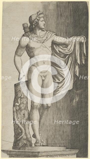 The Apollo Belvedere from the Vatican his left hand resting on the tree trunk aroun..., ca. 1510-27. Creator: Marcantonio Raimondi.