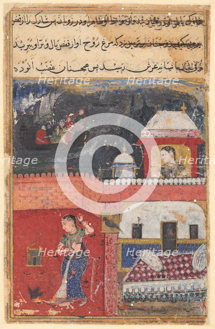 Page from Tales of a Parrot (Tuti-nama): First night: Khujasta kills the pet myna..., c. 1560. Creator: Unknown.