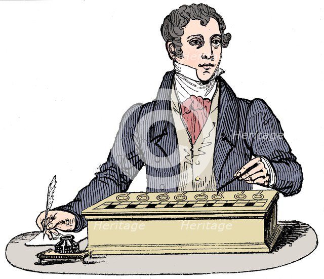 Clerk using a Pascal adding machine, 1835. Artist: Unknown.