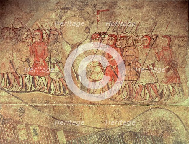 Military retinue against Almogavars, mural Painting in the old Royal Palace in Barcelona, known a…