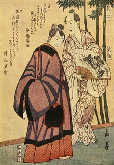 Two men with fans, early-mid 19th century, (1924). Creator: Gakutei.