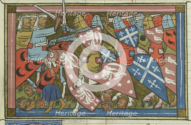 The siege of Damietta of 1218-1219 (From "Li rommans de Godefroy de Buillon et de Salehadin"), 1337. Creator: Maître de Fauvel (active 1314-1340).