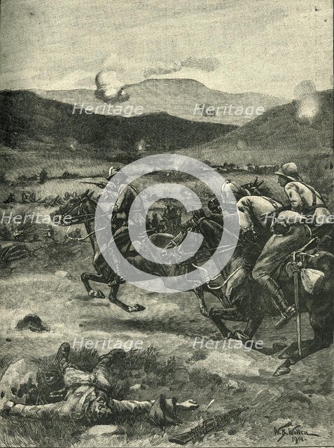 'The Battle of Colenso: Lieutenant Roberts Galloping Forward..., 1899, (c1900). Creator: William Barnes Wollen.