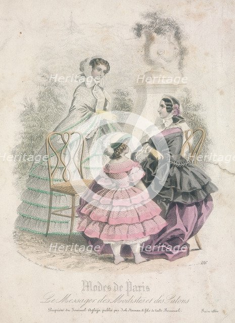 Two women and a child wearing the latest fashions in a garden setting,1858. Artist: Anon