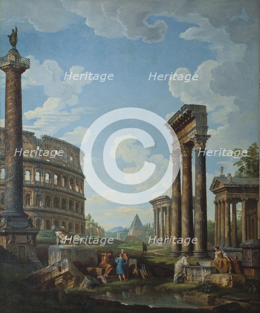 A capriccio with figures among Roman ruins including the Arch of Constantine and the Pantheon. Artist: Panini, Giovanni Paolo (1691-1765)