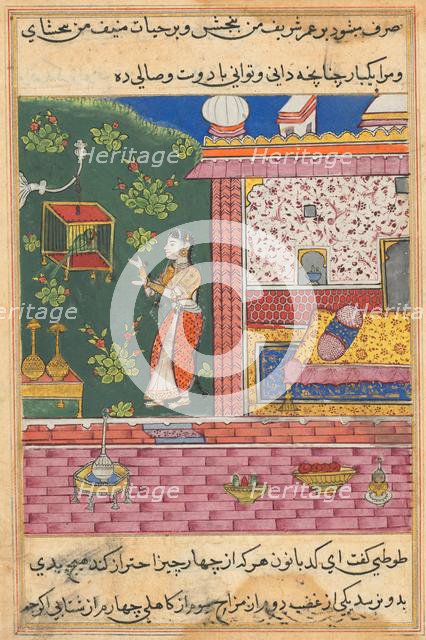 Page from Tales of a Parrot (Tuti-nama): Thirtieth night: The parrot addresses Khujasta..., c. 1560. Creator: Unknown.
