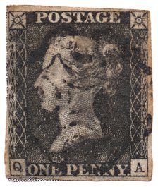 One Penny Black, the world's first postage stamp, c. 1840. Artist: Philately  