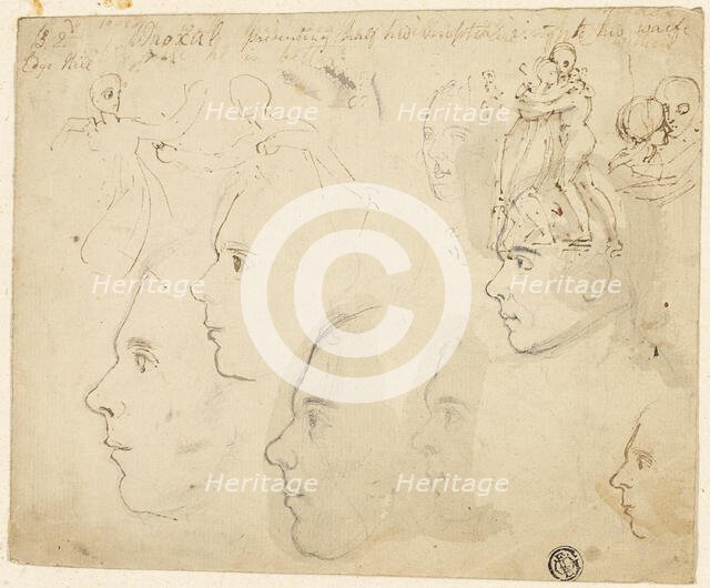 Sketches of Male Profiles, Couple Embracing, n.d. Creator: Thomas Stothard.