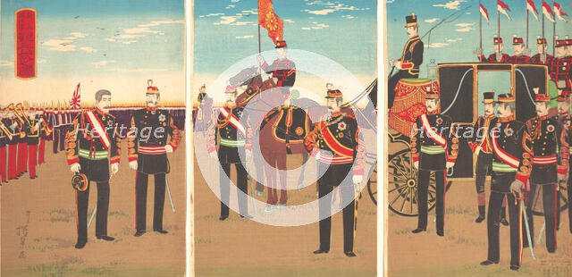 Illustration of Emperor's Military Review of a Parade Ground at Aoyama (Aoyama renpe..., June, 1888. Creator: Inoue Yasuji.