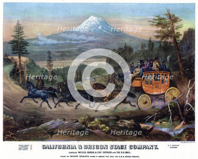 A stagecoach journey, USA, 19th century (1937).Artist: Britton & Rey