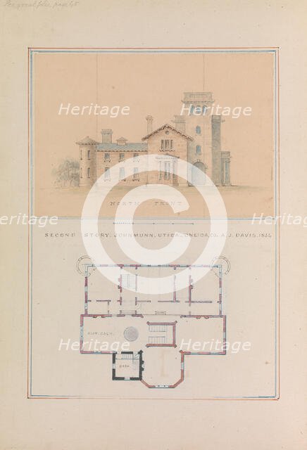 North Front and Second Floor Plan of John Munn House, Utica, New York, 1854. Creator: Alexander Jackson Davis.