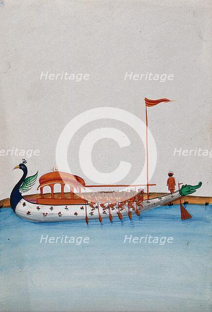 Six men row a long boat with a domed canopy, shaped as a peacock in the... (between 1800 and 1899?). Creator: Unknown.