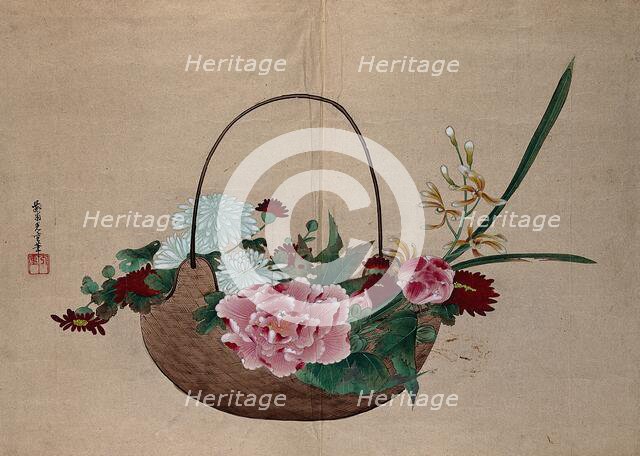 A basket of flowers, peonies, chrysanthemums and orchids. Creator: Unknown.