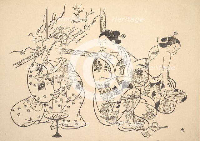 An Oiran Seated in a Parlor Applies the Fire Treatment to the Bared Back of Another Woman. Creator: Unknown.