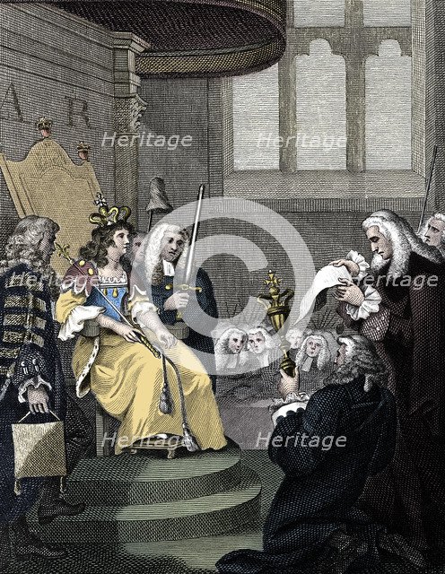 The Act of Union between England and Scotland being read before Queen Anne, 1826. Artist: Unknown.