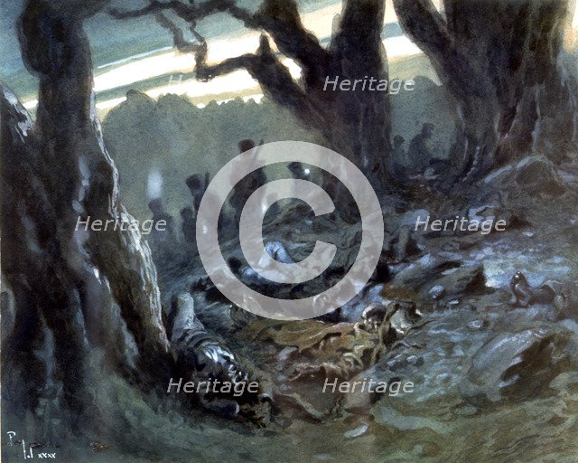 The tragic dawn on November 17, 1822 in El Tres Roures (the Three Oaks), watercolor, 1940.