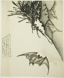 A Bat Flying near a Pine Tree, 19th century. Creator: Issho.