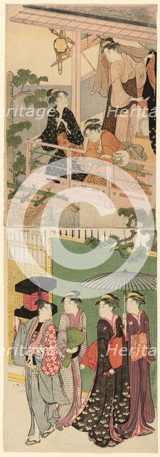 A Fan Peddler Passing Beneath a Balcony, c. 1786. Creator: Torii Kiyonaga.