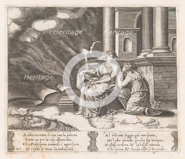 Plate 27: Proserpine gives Psyche the box of beauty, from the Story of Cupid and Psyche..., 1530-60. Creator: Master of the Die.