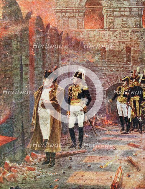 Napoleon and his staff watching the burning of Moscow, 1812 (late 19th century). Artist: Unknown
