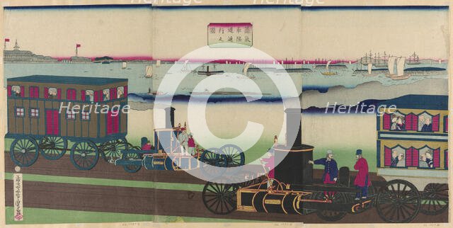 Picture of Steam Locomotives Traveling (Jokisha rikudo tsuko no zu), 1870. Creator: Utagawa Yoshitora.