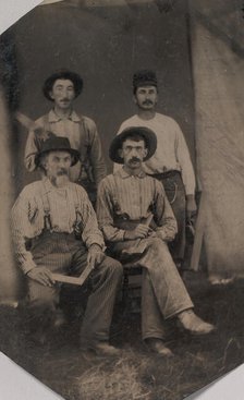 Four Workmen Holding Different Tools: Square, Hatchet, Wood Plane, and Trowel, 1860s-70s. Creator: Unknown.