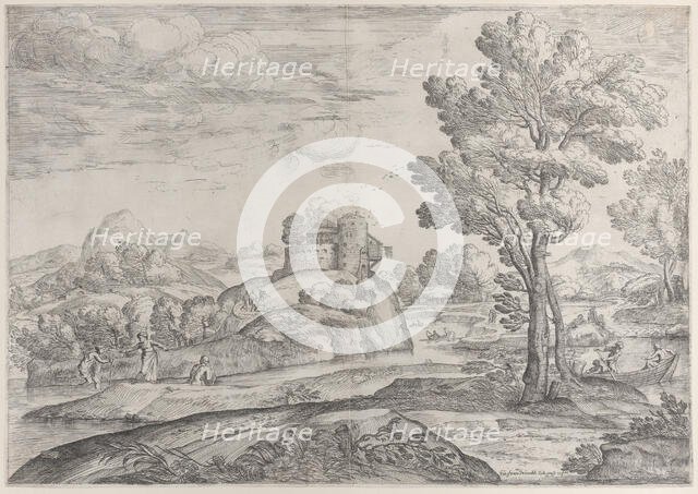 A house atop a round rock at center, people in the river and in canoes, 1626-80. Creator: Giovanni Francesco Grimaldi.