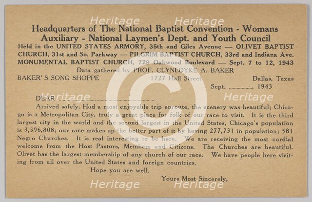 Form letter for National Baptist Convention in Chicago, 1943. Creator: Unknown.