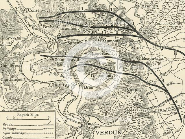 'Map showing...the Attack on Verdun' northern France, First World War, 1916, (c1920). Creator: Unknown.