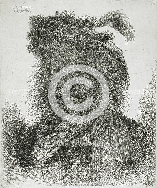 Man Wearing a Plumed Fur Cap and a Scarf, between circa 1647 and circa 1651. Creator: Giovanni Benedetto Castiglione.