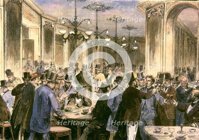 Café Swiss or Café of artists of Madrid, 1871, colored engraving in 'La Ilustración Española y Am…