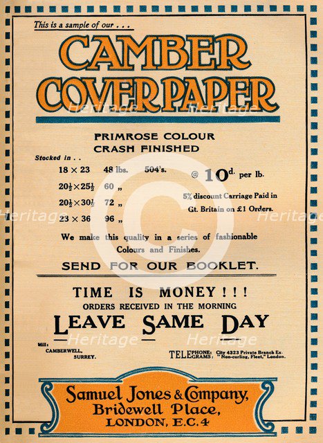 'Camber Coverpaper - Samuel Jones & Company advertisement', 1919. Artist: Unknown.