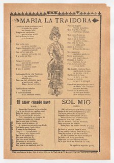 Broadsheet with three ballads about love, a woman wearing a dress and hat p..., ca.1920 (published). Creator: José Guadalupe Posada.