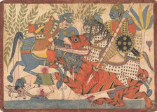 "Harishchandra and his Minister Killing a Tiger" folio from a Harishchandra Series, 1800-1850. Creator: Unknown.