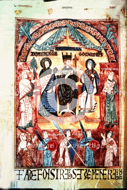 Queen Jimena and Alphonse III the Great (848-910) before the bishop Gorneus, miniature in the 'Bo…